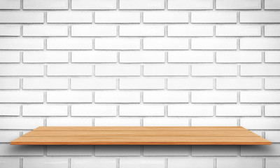 Empty top wooden shelves and brick wall background. For product