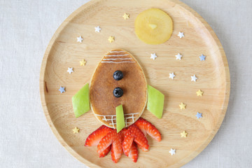 Rocket, moon and stars pancake breakfast, fun food art for kids