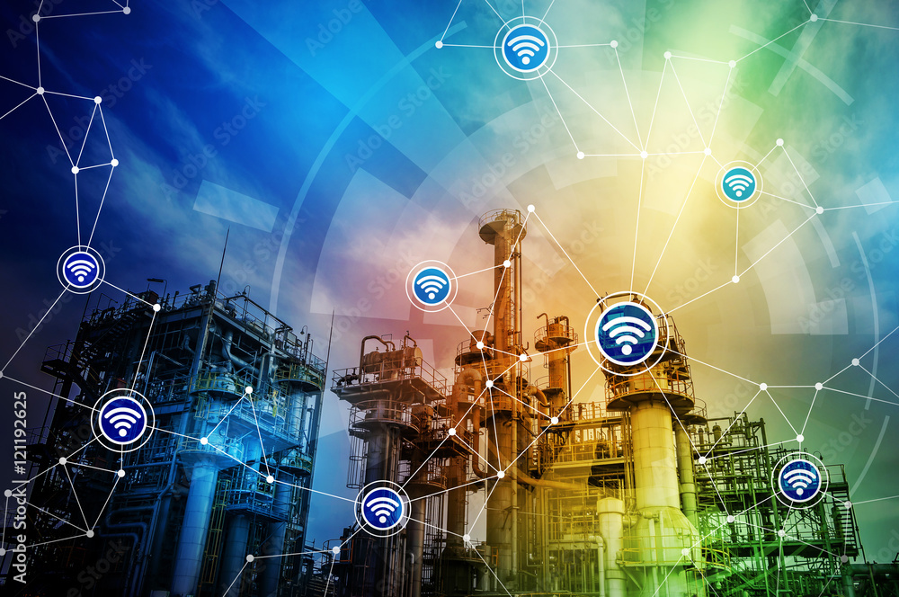 Poster modern factory building and wireless communication network, abstract image visual