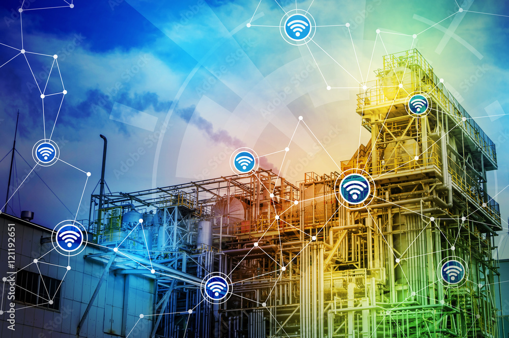 Poster modern factory building and wireless communication network, abstract image visual