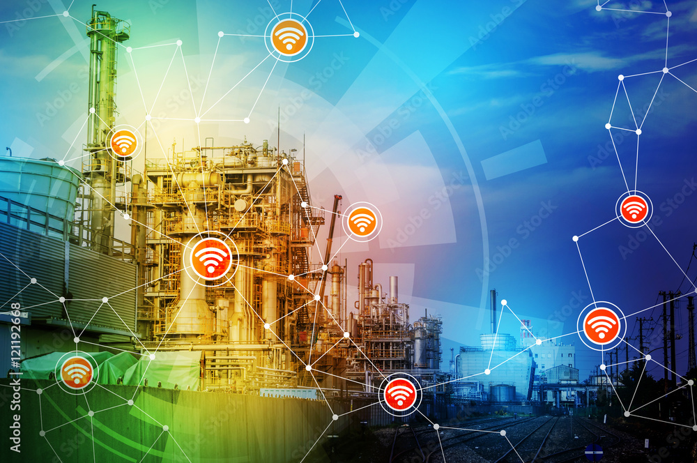 Poster modern factory building and wireless communication network, abstract image visual