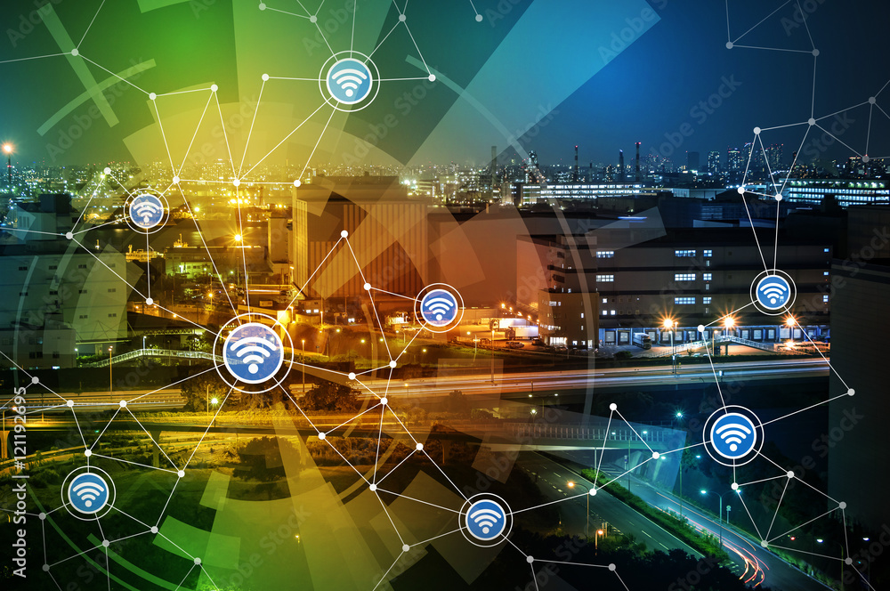 Aufkleber modern factory building and wireless communication network, abstract image visual