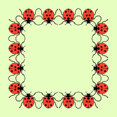 Vector square frame from flat ladybugs on green background