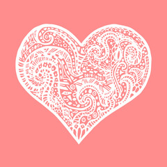 Vector white hand drawing heart in zentangle style. Card for Saint Valentine