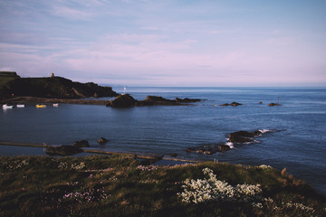 Cornish coastline viewed from the cliff in Bude Vintage Retro Fi