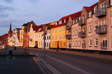 Embankment near Harbour at sunset,  Sonderborg, Denmark.