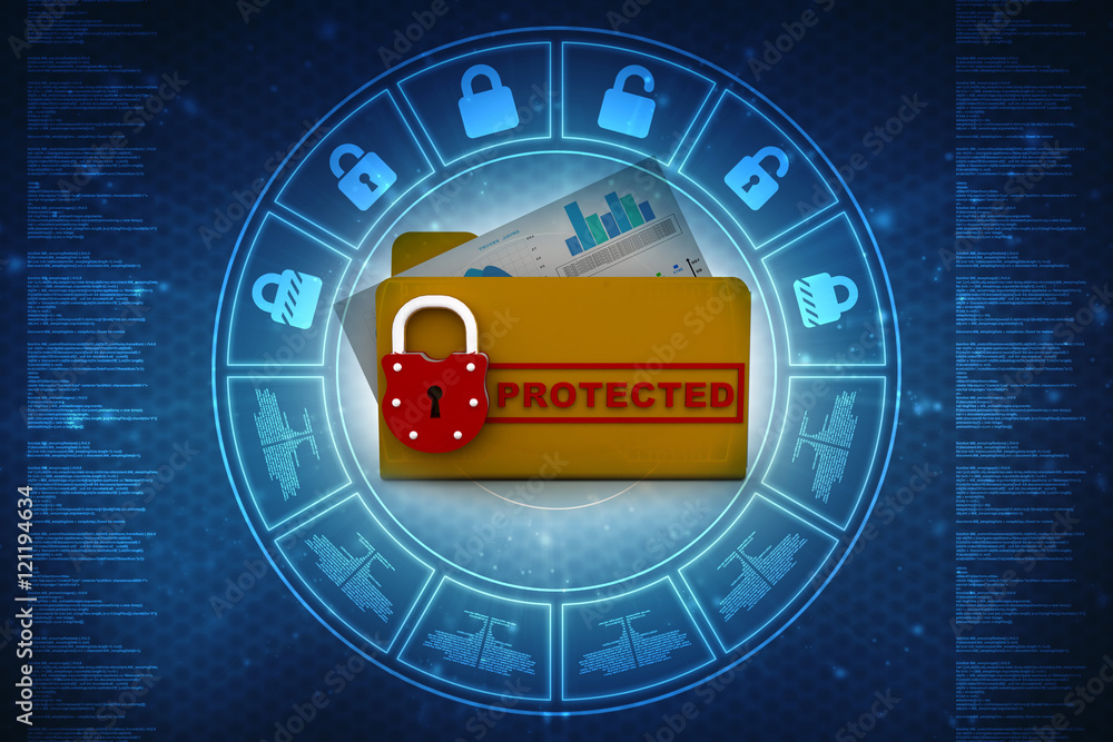 Poster yellow folder and lock. data security concept. 3d rendering