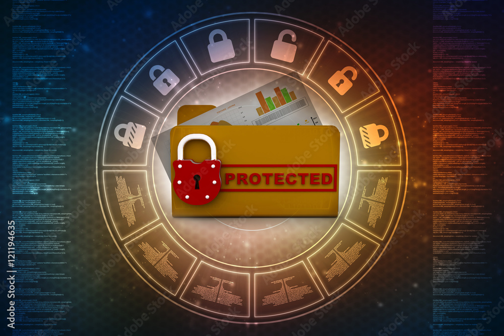 Poster yellow folder and lock. data security concept. 3d rendering