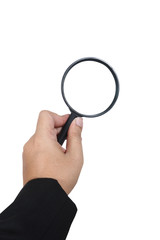 Business hand holding magnifying glass isolated on white backgro