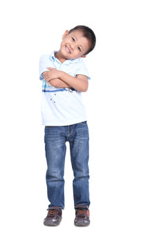 Portrait of happy little boy , isolated on white