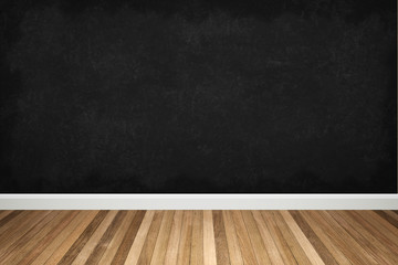blackboard with wooden frame on wood floor , for background texture with copy space