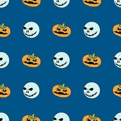 Fototapeta premium seamless pattern from pumpkins and ghosts on dark background.