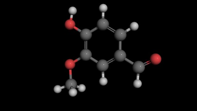 vanillin molecule modell ball and stick rotating seamless loopable with alpa channel. Vanillin is the primary component of the extract of the vanilla bean and a flavory agent