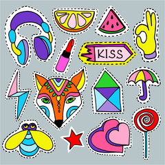 Cartoon patch badges collection, fashion pin badges, hand drawn vector illustration