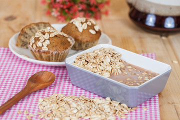 oat flakes mix with chocolate milk in blow