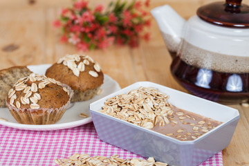 oat flakes mix with chocolate milk in blow