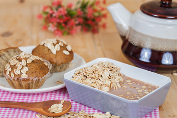 oat flakes mix with chocolate milk in blow