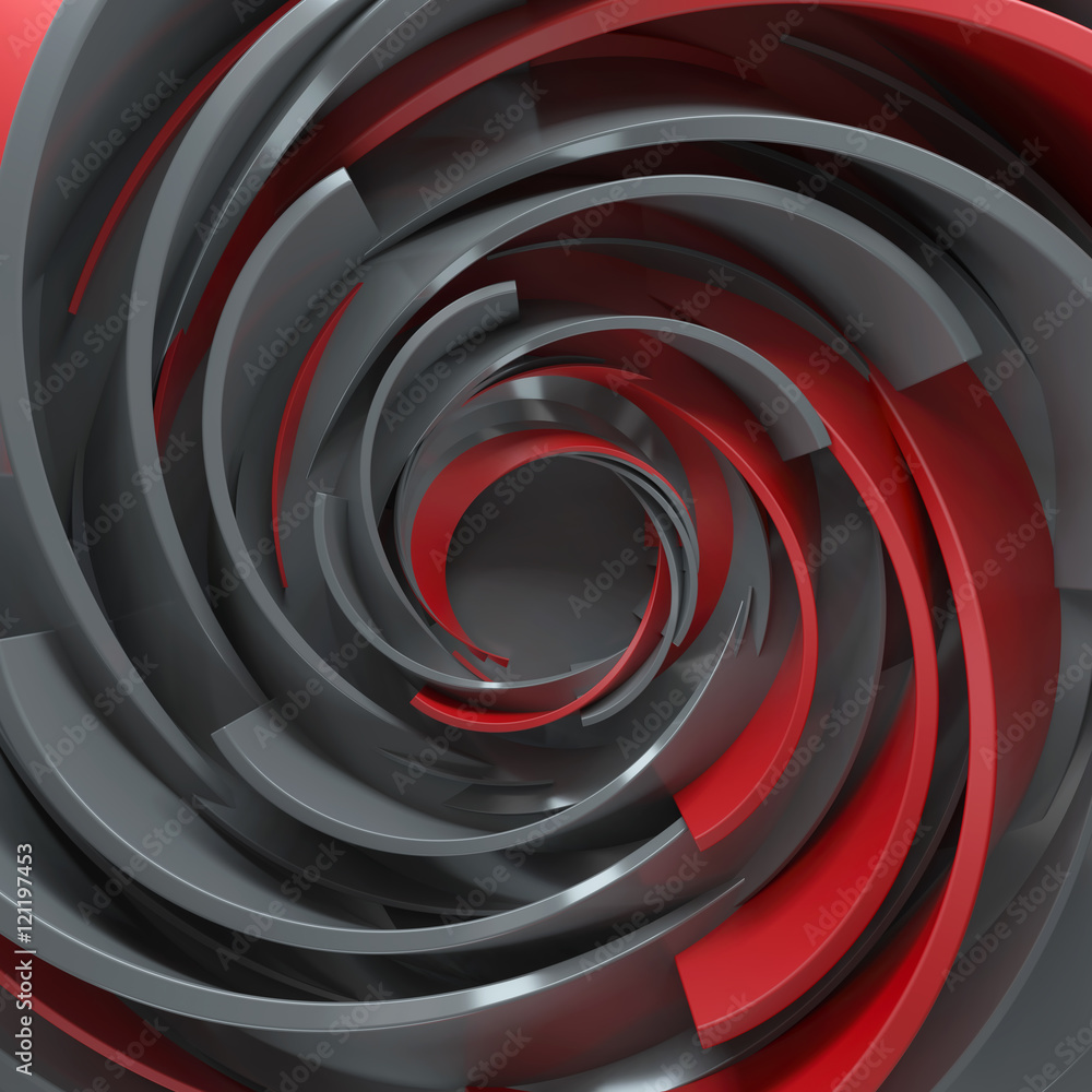 Poster 3d rendering abstract background. twisted concentric shapes. rotated elements with random sizes with