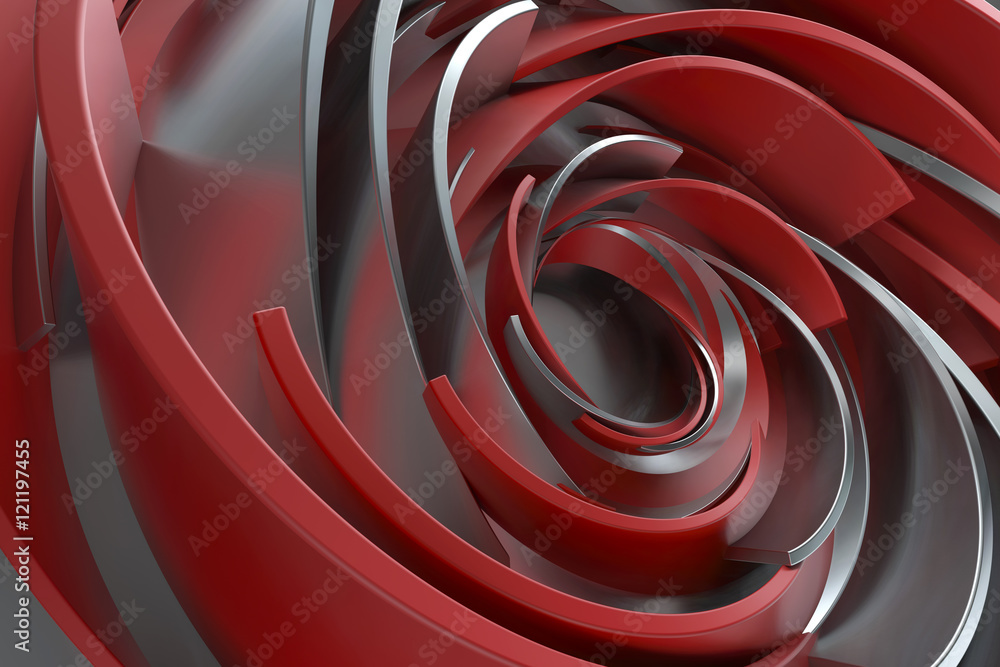 Poster 3d rendering abstract background. twisted concentric shapes. rotated elements with random sizes with