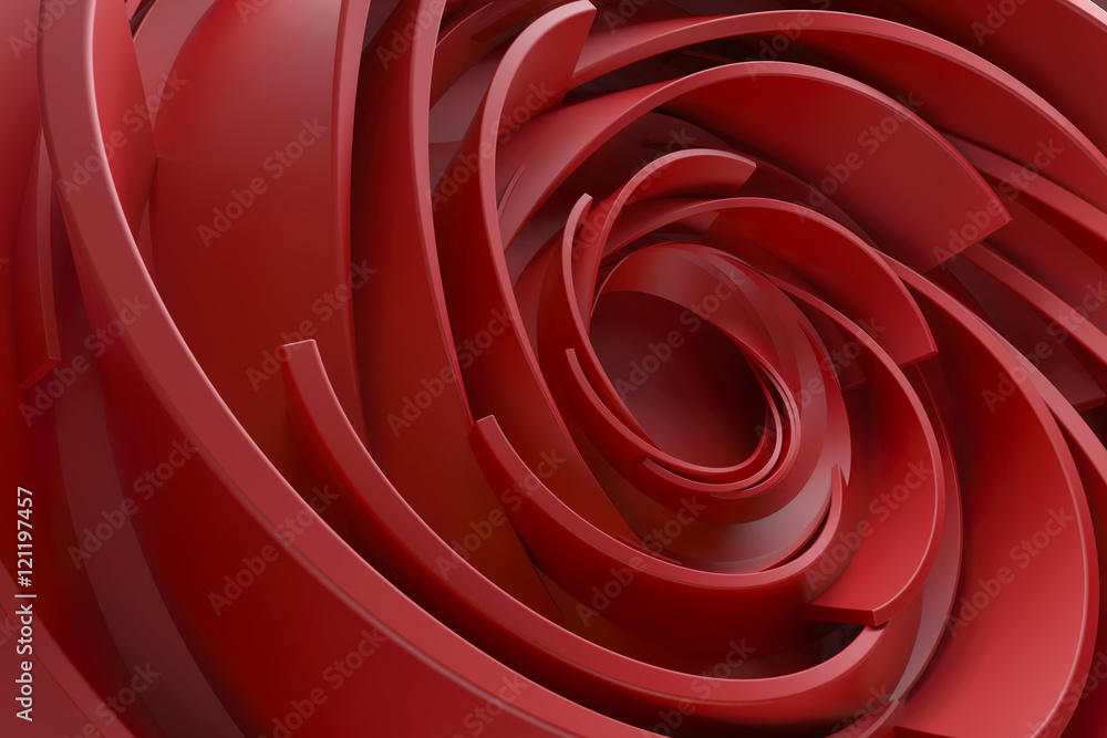 Poster 3d rendering abstract background. twisted concentric shapes. rotated elements with random sizes with