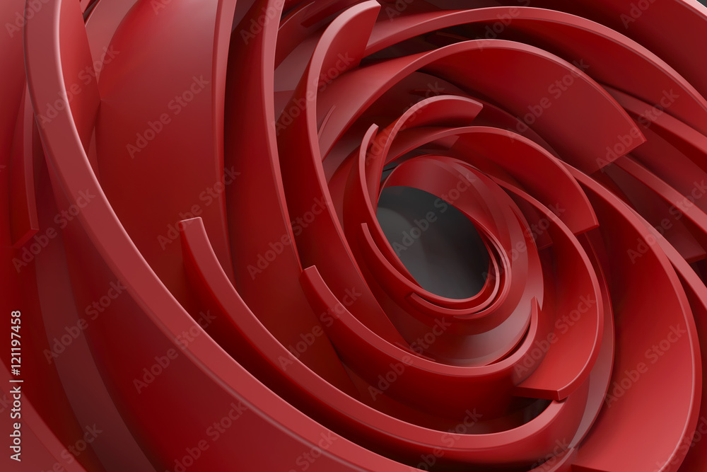 Poster 3d rendering abstract background. twisted concentric shapes. rotated elements with random sizes with