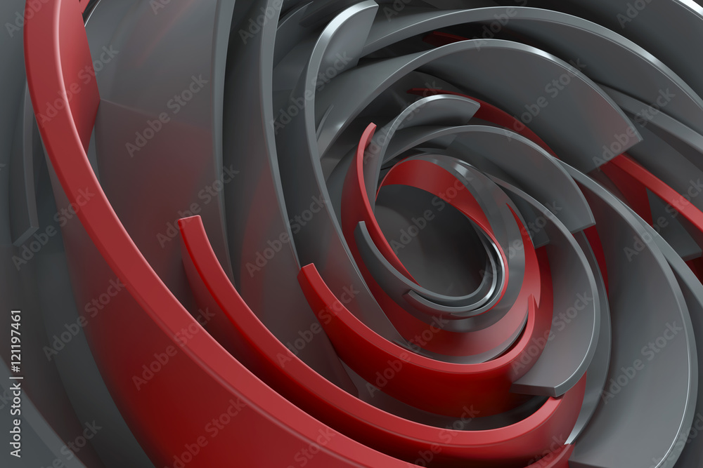 Poster 3d rendering abstract background. twisted concentric shapes. rotated elements with random sizes with