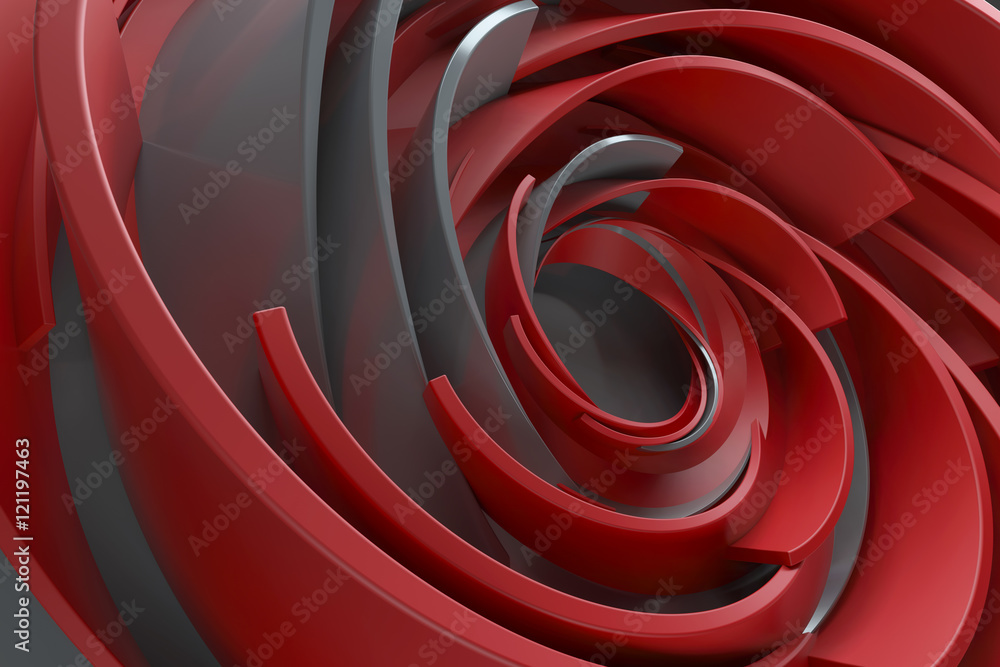 Poster 3d rendering abstract background. twisted concentric shapes. rotated elements with random sizes with