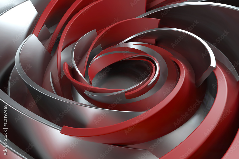 Poster 3d rendering abstract background. twisted concentric shapes. rotated elements with random sizes with