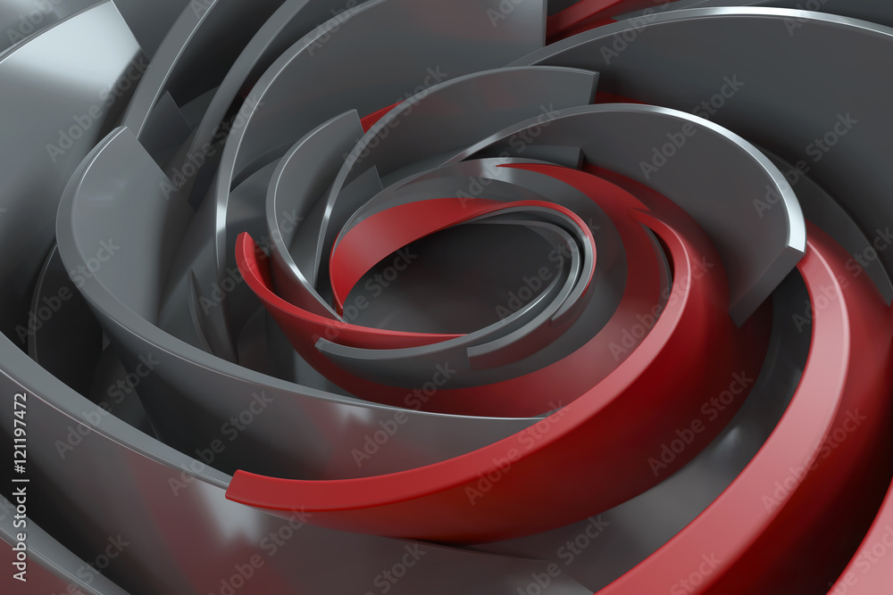 Poster 3d rendering abstract background. twisted concentric shapes. rotated elements with random sizes with