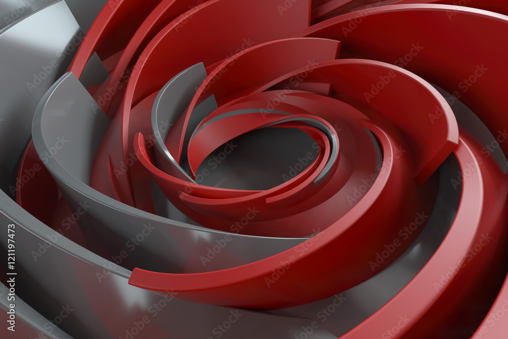 Poster 3d rendering abstract background. twisted concentric shapes. rotated elements with random sizes with