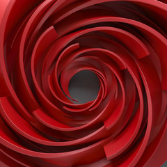 3D rendering abstract background. Twisted concentric shapes. Rotated elements with random sizes with reflective surface.