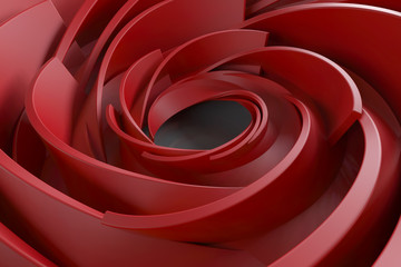 3D rendering abstract background. Twisted concentric shapes. Rotated elements with random sizes with reflective surface.