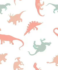 Behang Dinosaurussen naadloos patroon met dinosaurussen, kleurrijke dinosaurussensilhouetten op een witte achtergrond, kinderpatroon