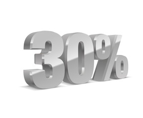 30% percent off, sale white background, silver-gray object 3D. Eps10 Vector.