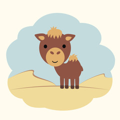 Funny camel on background of desert. Little camel in cartoon style. 