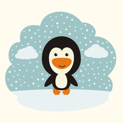 Funny penguin on background of snowflakes. Little penguin in cartoon style. 