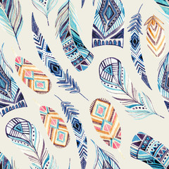 Watercolor ethnic feathers seamless pattern