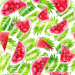 Watercolor tropical background with colourful watermelon slices, palm leaves. Raster summer design.