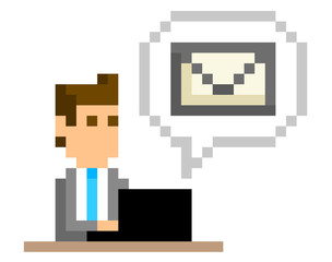 Obraz premium ピクセルイラスト：メールをするビジネスマン 
