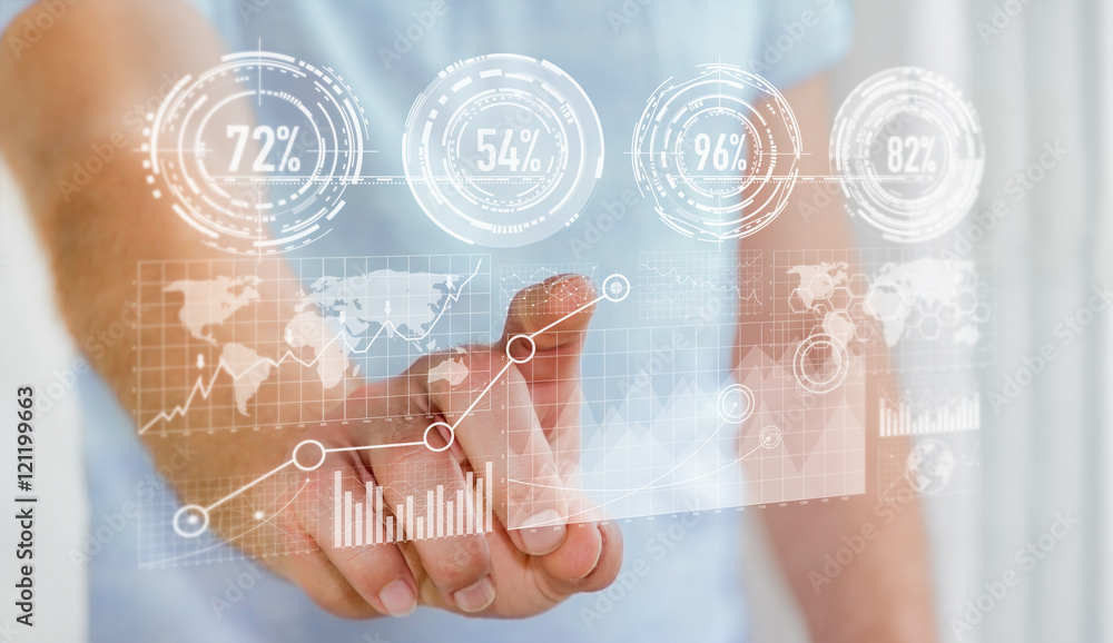 Poster Businessman touching digital graph interface ‘3D rendering’