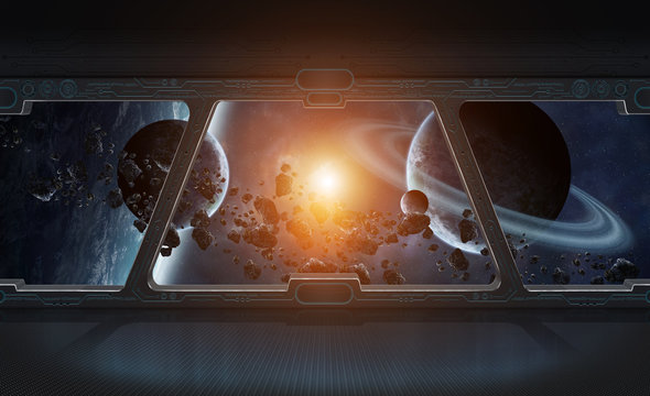 View of outer space from the window of a space station 3D render
