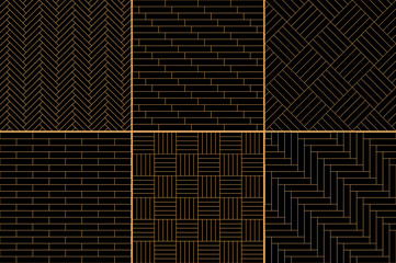 Naklejka premium Black and golden simple geometric parquet floor set - herringbone, stripes, squares seamless patterns, vector