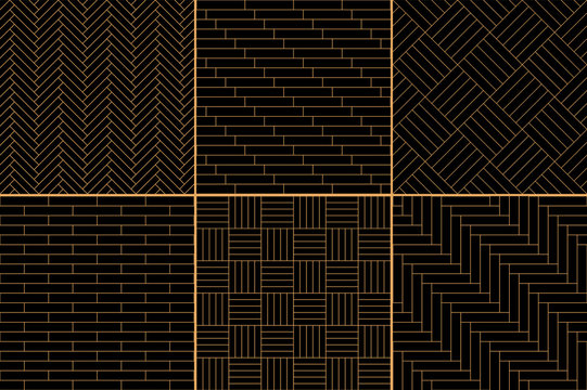 Black and golden simple geometric parquet floor set - herringbone, stripes, squares seamless patterns, vector