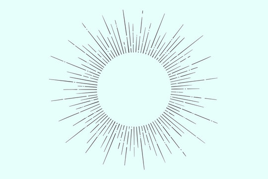 Light rays, sunburst and rays of sun. Linear drawing. Vintage hipster style. Light rays sunburst for retro logo, emblem. Illustration