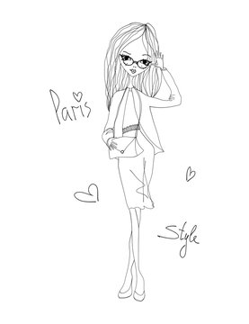 Paris Style Fashion Illustration with a Fashion Girl Wearing Stylish Clothes. Black and White Paris Style Typography with Hearts