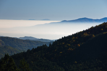 Obraz premium Autumn fog is rolling between hills of Zeljin mountain, Serbia