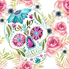 Wallpaper murals Human skull in flowers Watercolor mexican sugar skull among the flowers seamless pattern.