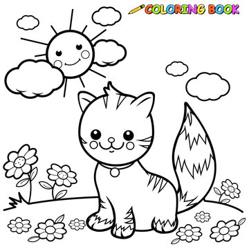 Cute cat in the garden. Vector black and white coloring page. 