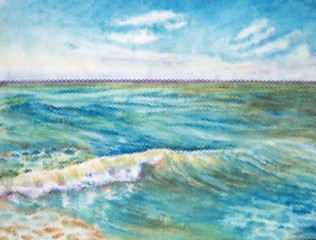 Vector summer morning seascape with coastal wave, cloudy horizon, blue sky