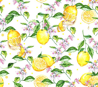 Hand-drawn watercolor seamless pattern with yellow lemons. Repeated background with fruits and flowers on the branches. Print for the textile, wallpaper etc. Exotic blossom